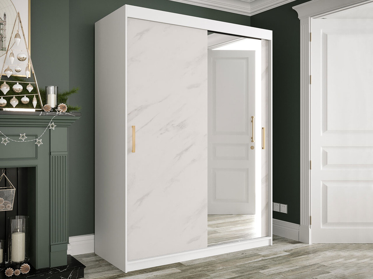 Vaatekaappi Hartford 260 (Matta valkoinen + Valkoinen marmori)