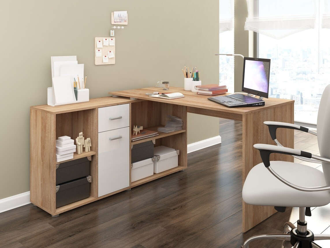 Kulmapöytä Gilroy 113 (Sonoma-tammi + Kiiltävä valkoinen)