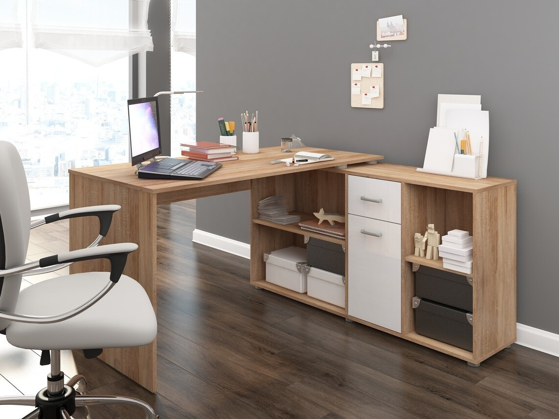 Kulmapöytä Gilroy 113 (Sonoma-tammi + Kiiltävä valkoinen)