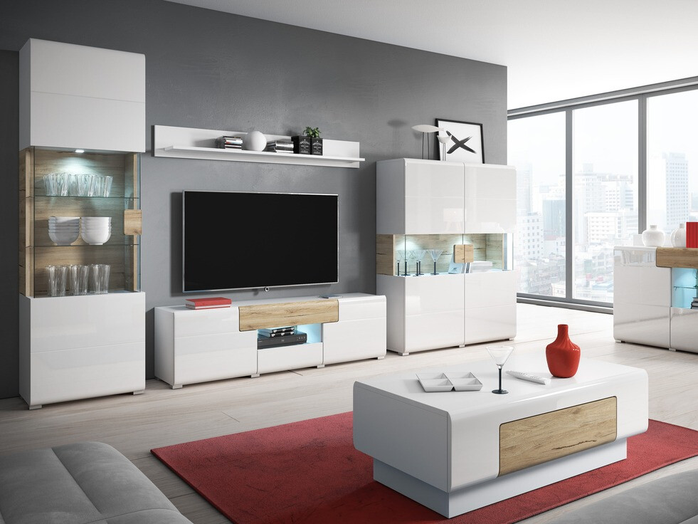 Sohvapöytä Torsone 111 (Valkoinen + Kiiltävä valkoinen + San Remon -tammi)