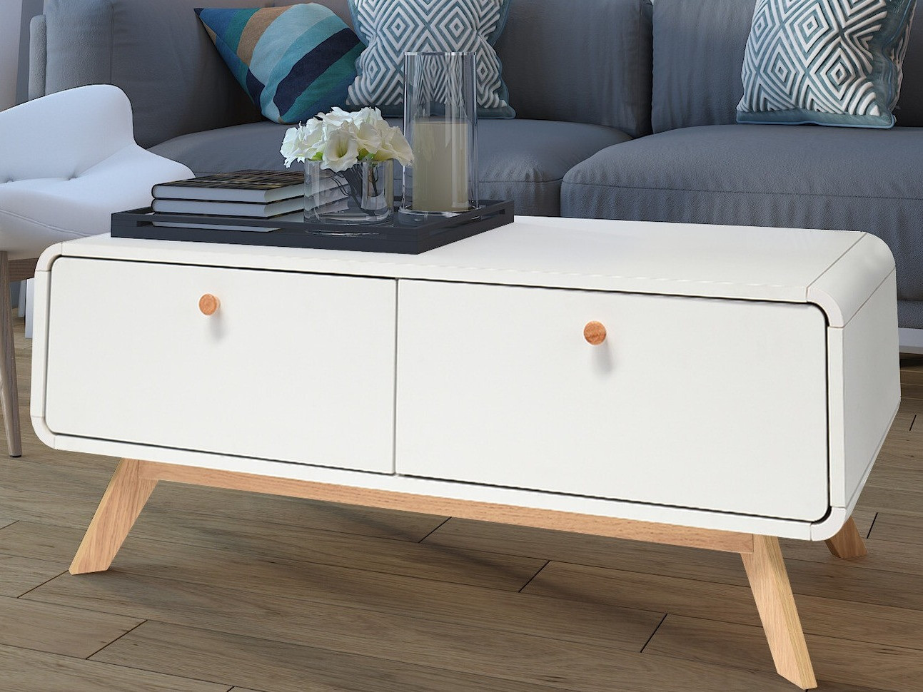 Sohvapöytä Elbtena 100 (Valkoinen + Tammi)