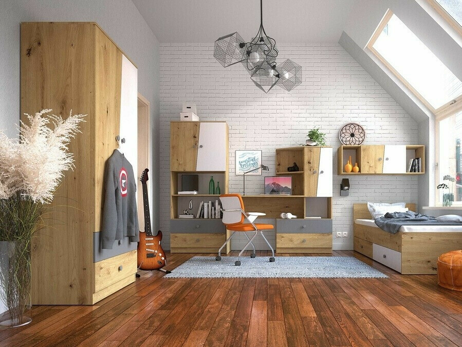 Vaatekaappi Mirelbu 100 (Artisaanitammi + Kiiltävä valkoinen + Kiiltävä harmaa)