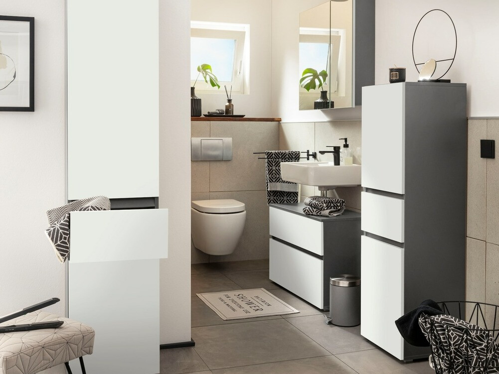 Pystymallinen kylpyhuonekaappi Soncamu 102 (Valkoinen + Antrasiitti)