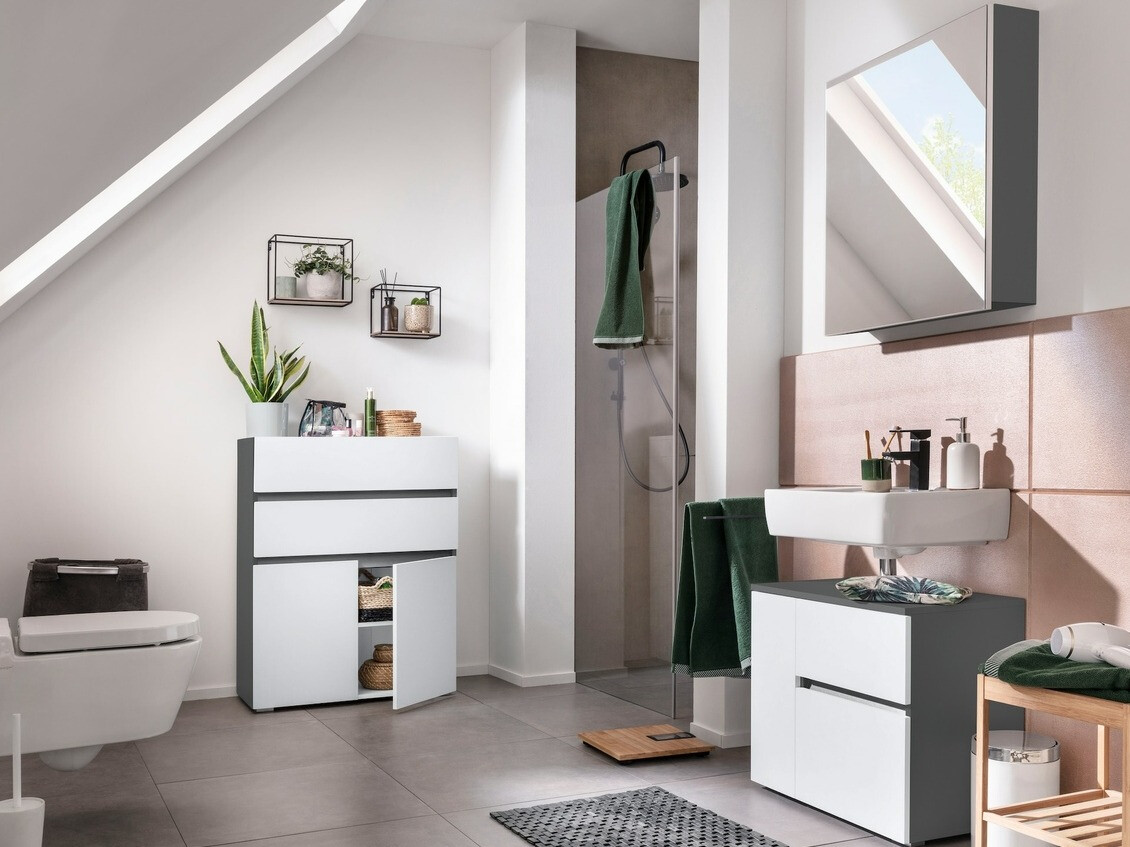 Pystymallinen kylpyhuoneen allaskaappi Soncamu 108 (Valkoinen + Antrasiitti)