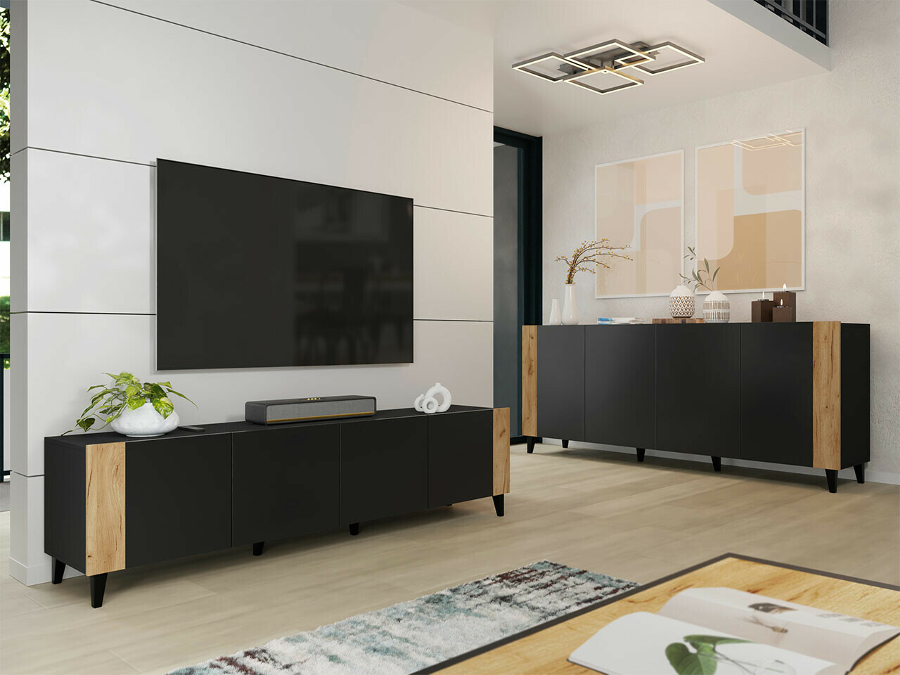 Olohuonesetti Charlotte 185 (Musta + Craft tammi)