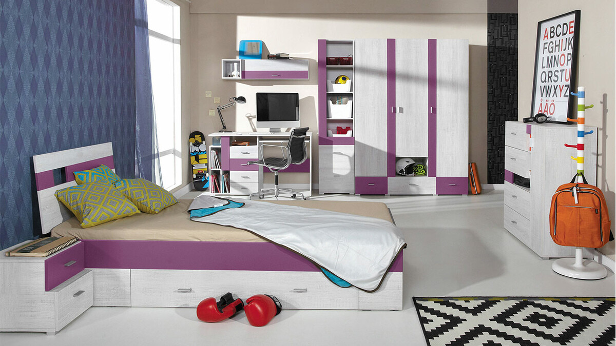 Sänky Omaha D139 (Valkaistu mänty + Violetti)