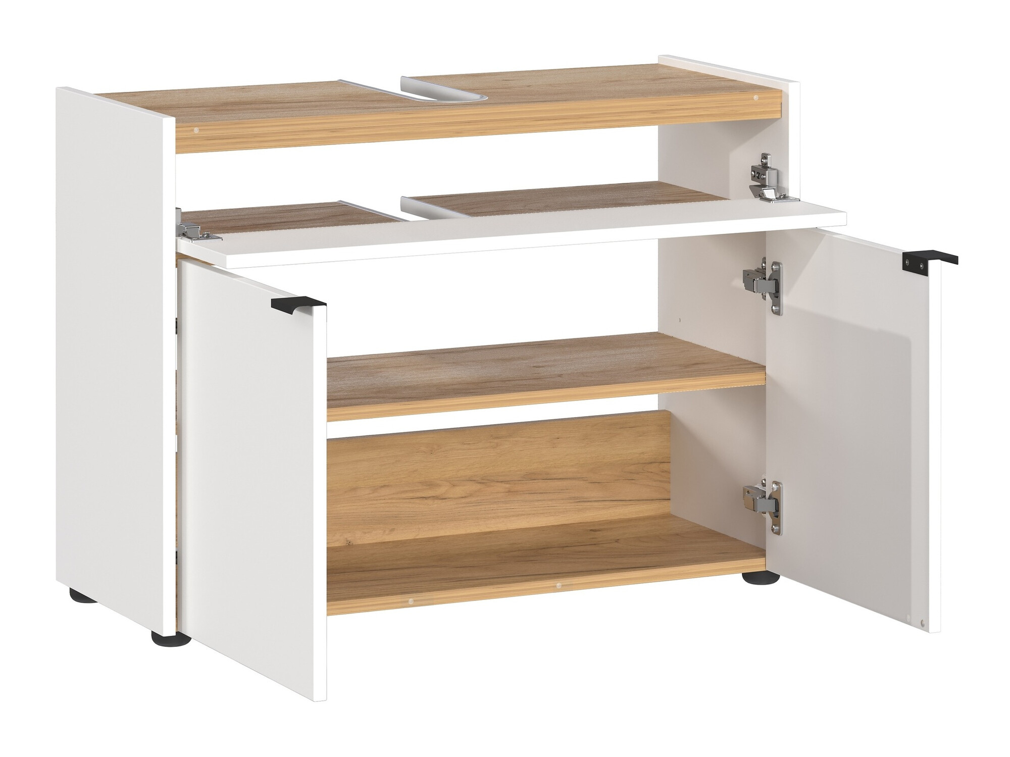 Pystymallinen kylpyhuoneen allaskaappi Ventei 100 (Valkoinen + Navarra tammi)