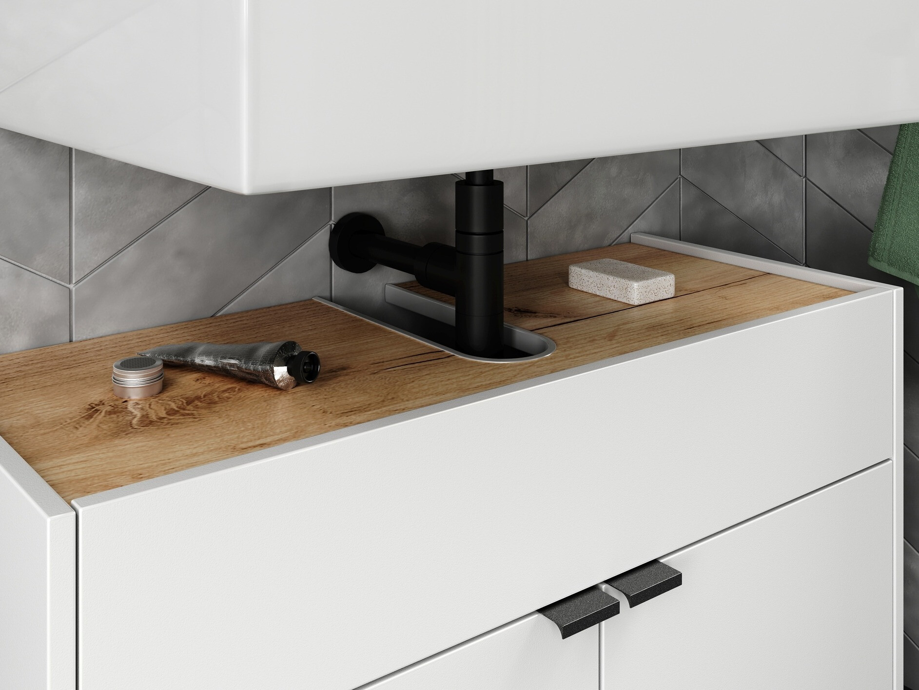 Pystymallinen kylpyhuoneen allaskaappi Ventei 100 (Valkoinen + Navarra tammi)