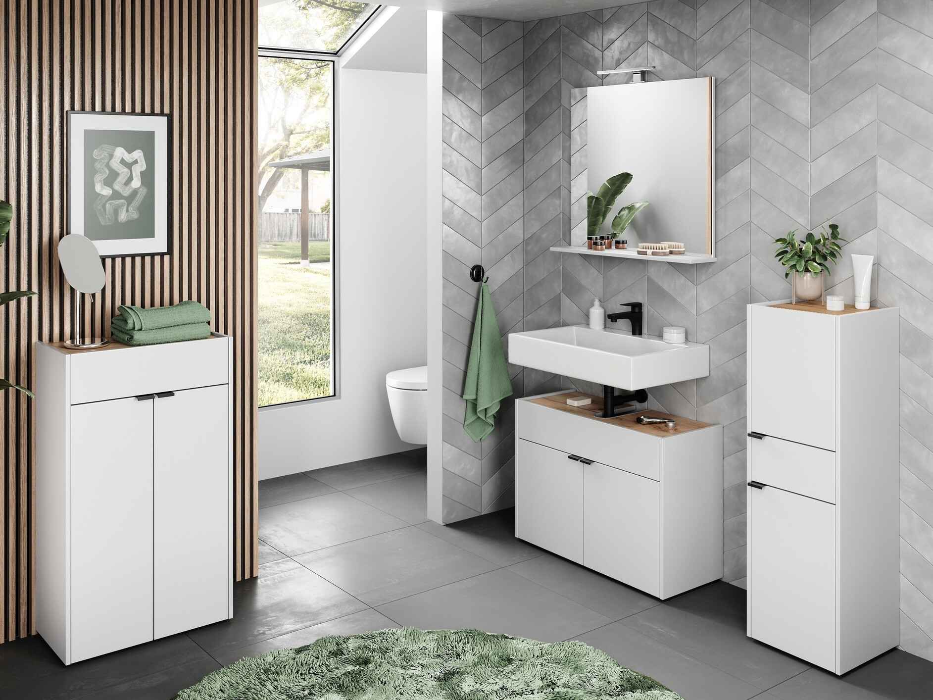 Pystymallinen kylpyhuoneen allaskaappi Ventei 100 (Valkoinen + Navarra tammi)