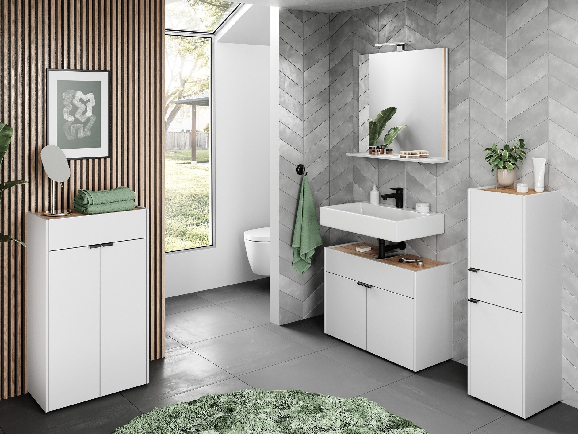 Pystymallinen kylpyhuonekaappi Ventei 101 (Valkoinen + Navarra tammi)