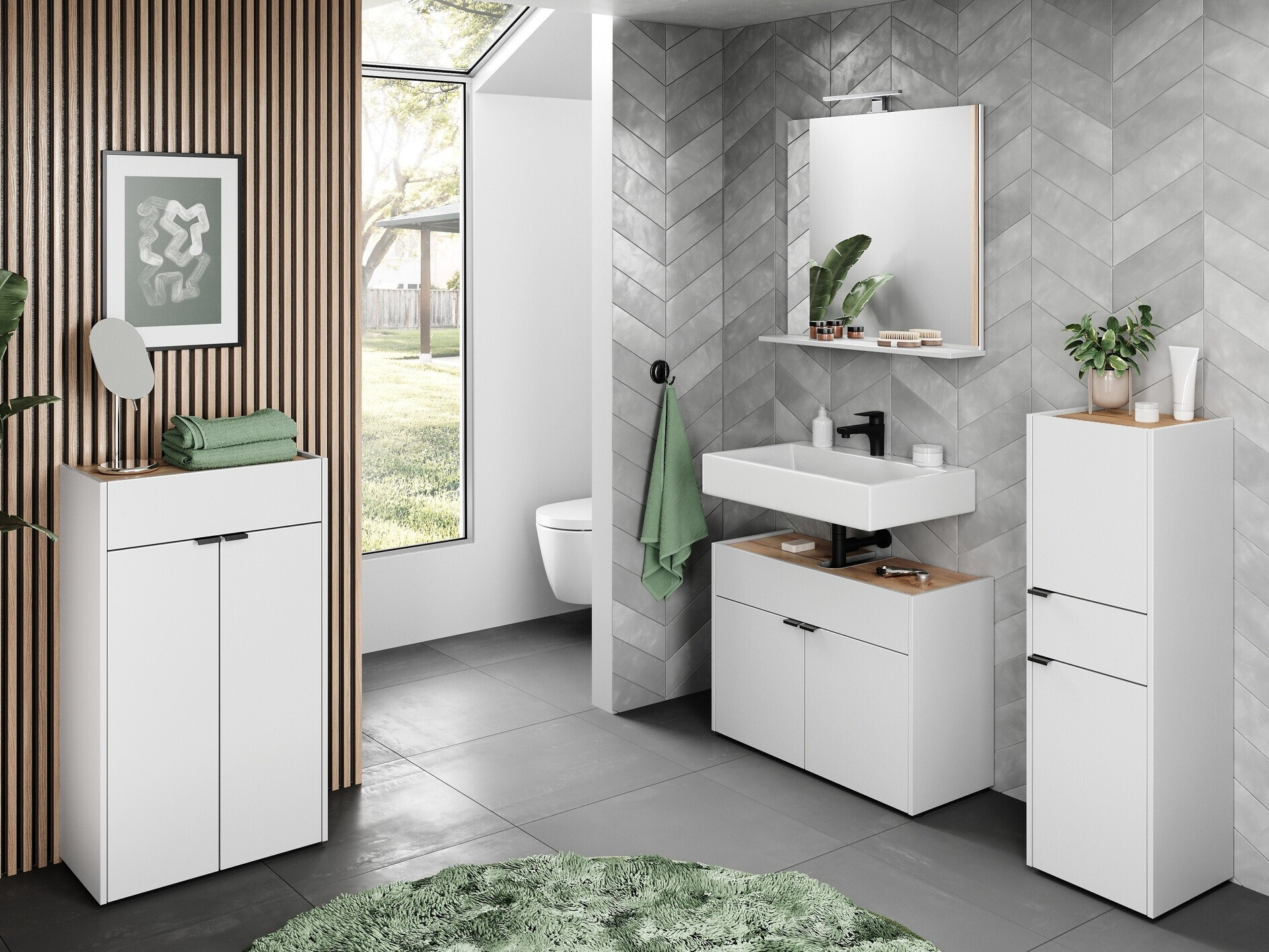 Pystymallinen kylpyhuonekaappi Ventei 102 (Valkoinen + Navarra tammi)