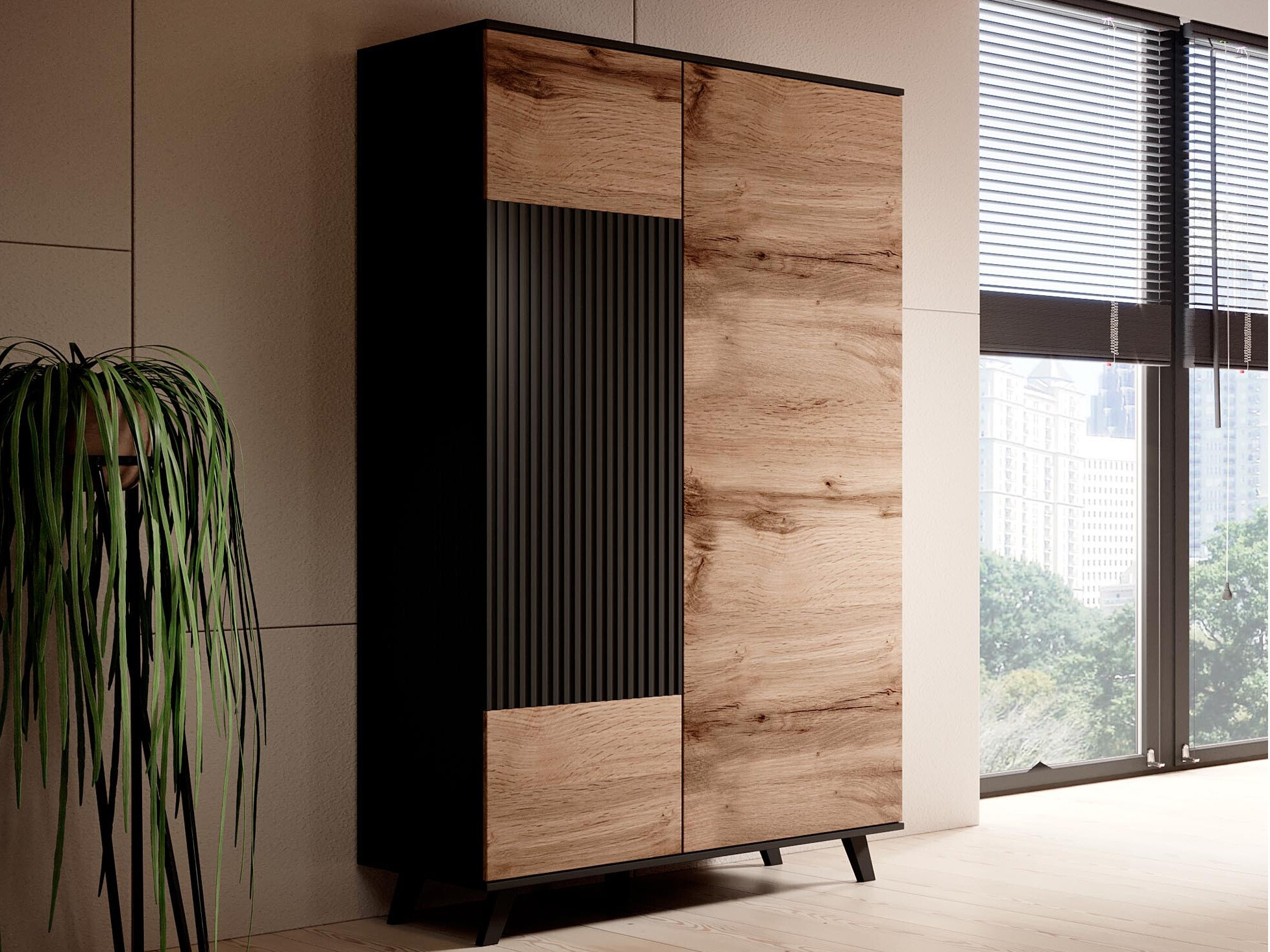 Vaatekaappi Luelia 113 (Musta + Wotan tammi)