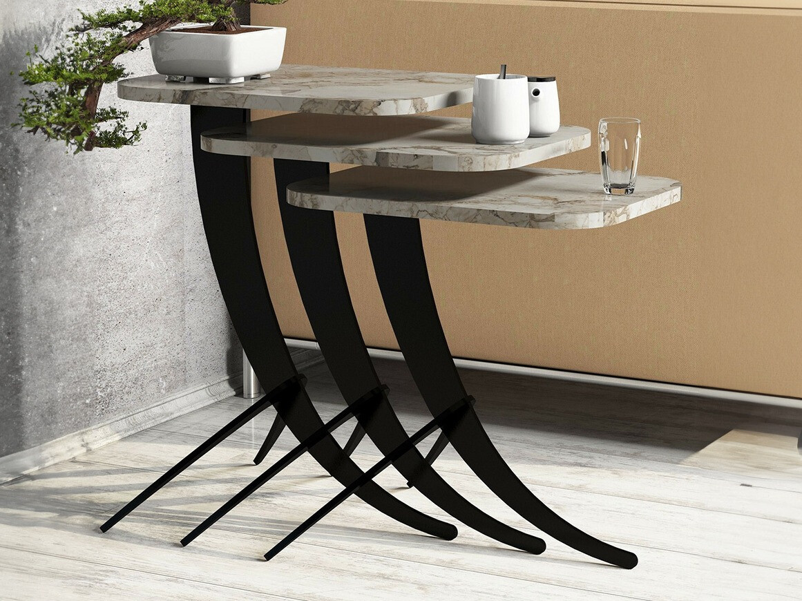 Sivupöytäsetti Kailua 1622 (Valkoinen marmori + Musta)