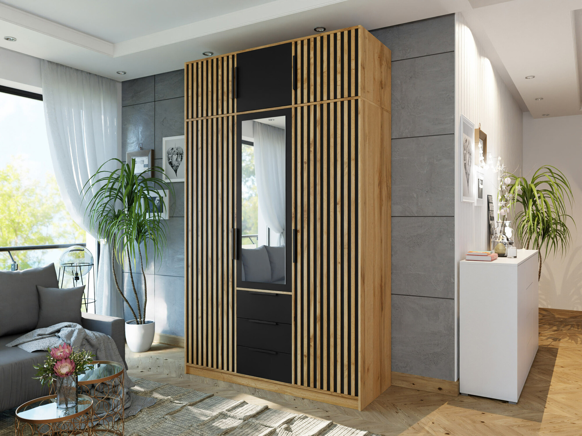 Vaatekaappi Collis I (Wotan tammi + Musta)