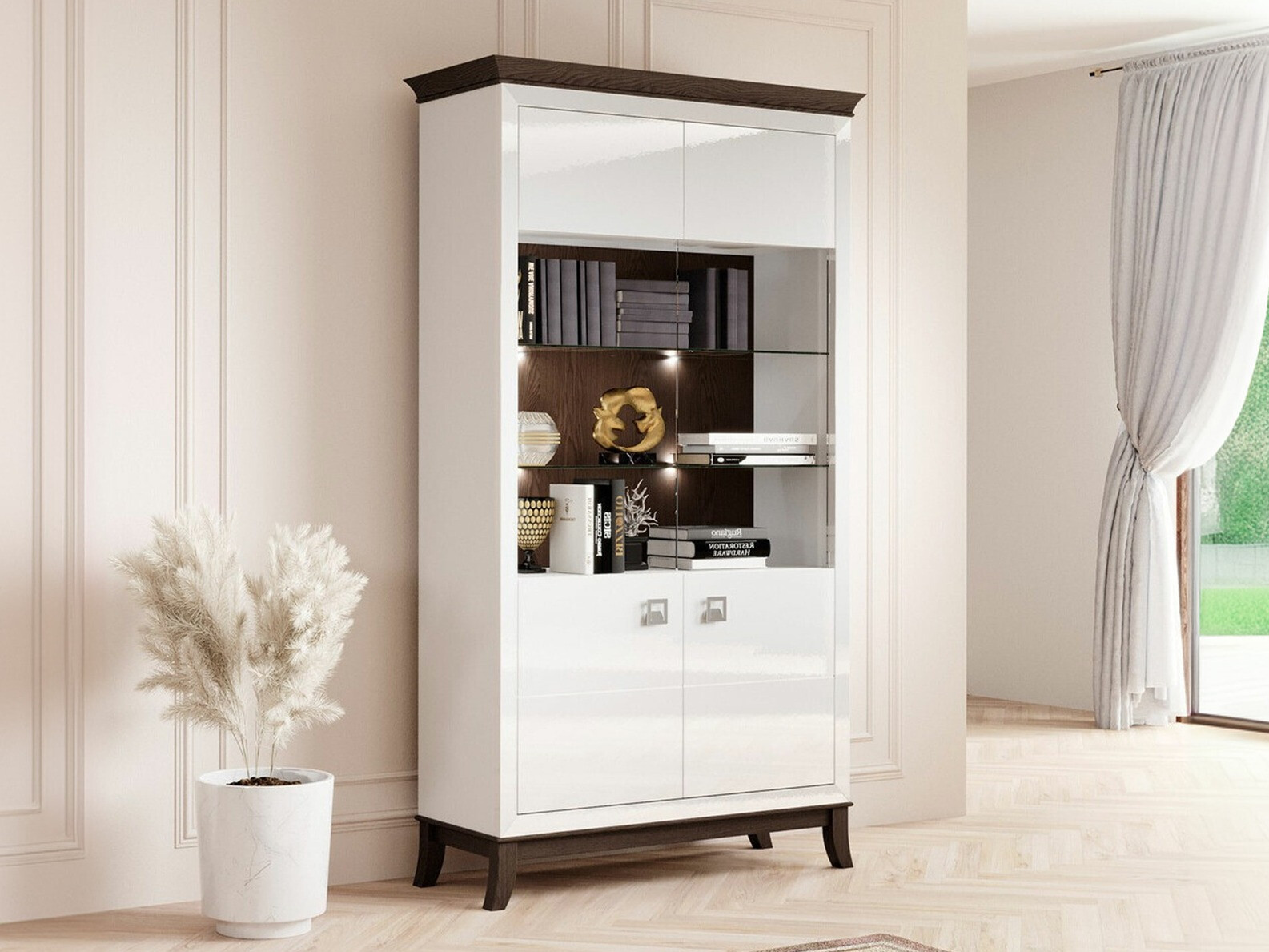 Hylly Austin BA100 (Kiiltävä valkoinen + Tumma tammi)