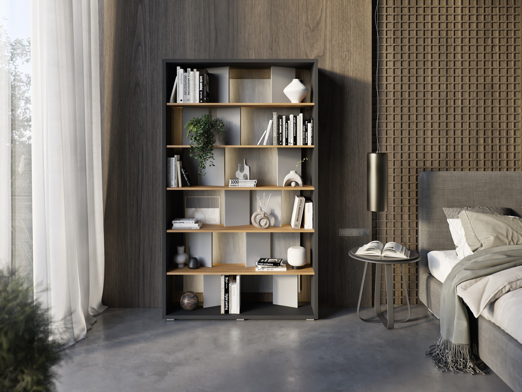 Hylly Fresno 154 (Kiiltävä harmaa + Grafiitti + Tammi)