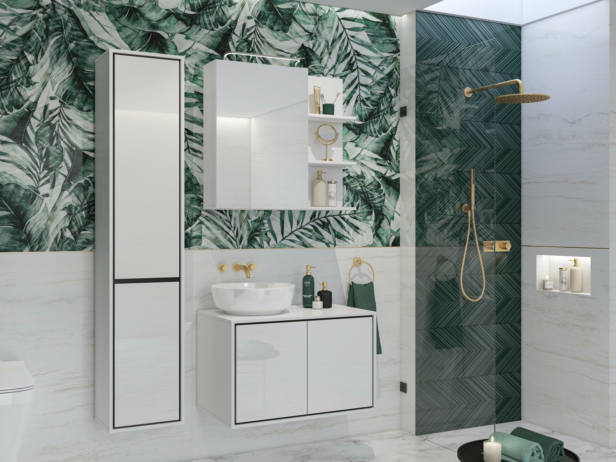 Kylpyhuoneen allasseinäkaappi Tecavu 103 (Kiiltävä valkoinen + Valkoinen)