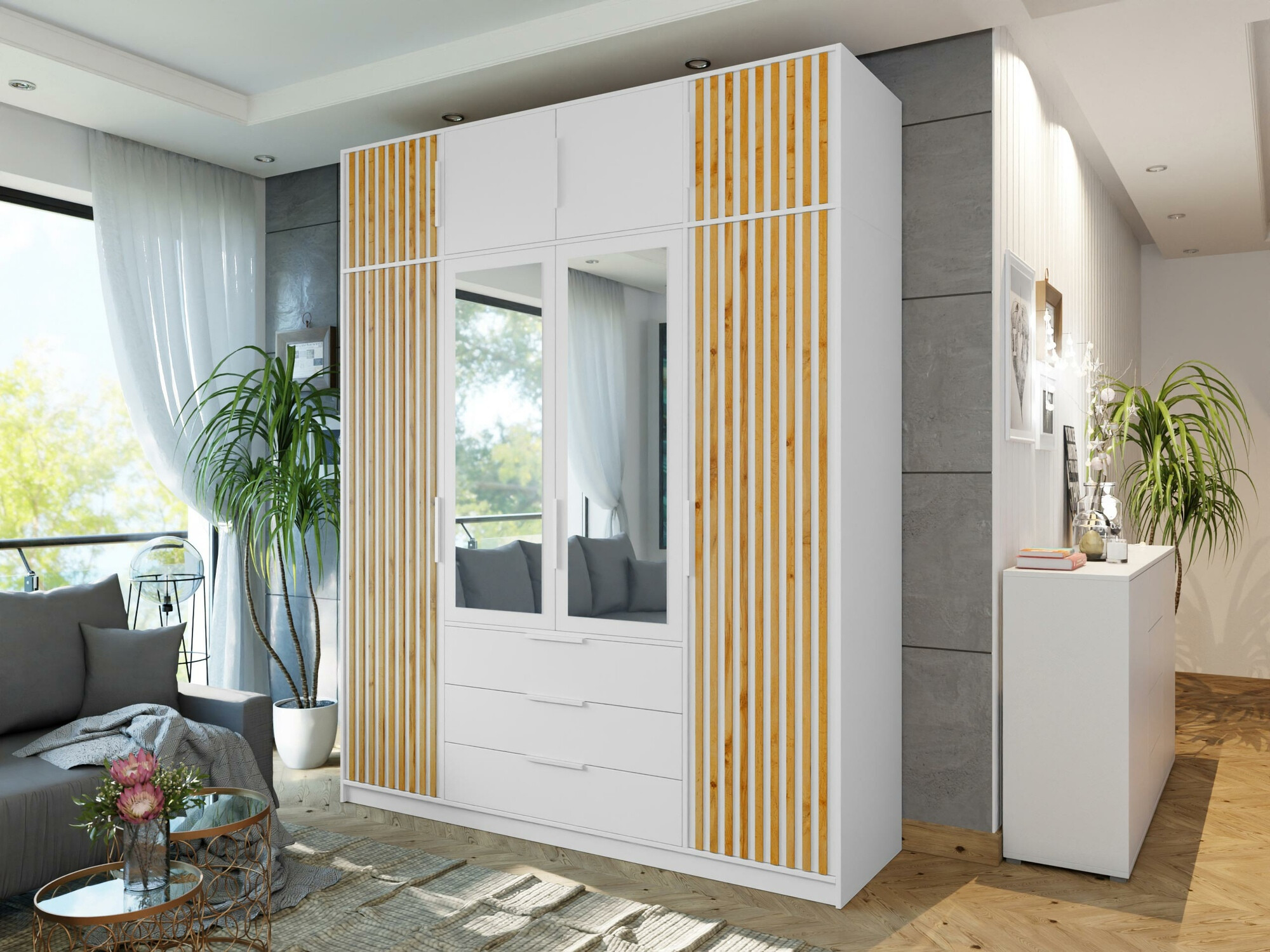 Vaatekaappi Collis II (Valkoinen + Wotan tammi)