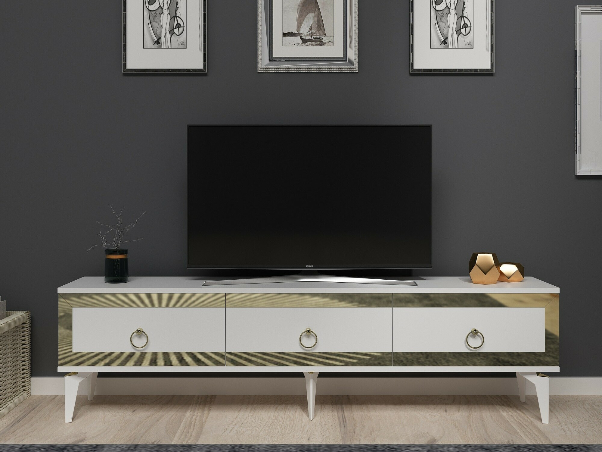 TV-taso Asheboro 168 (Valkoinen + Kultainen)