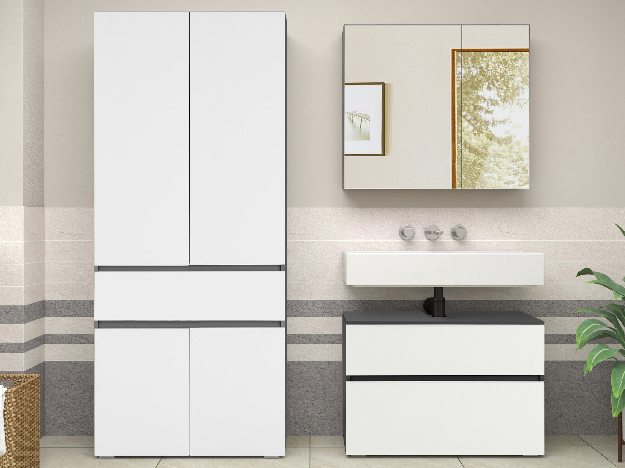 Pystymallinen kylpyhuonekaappi Soncamu 113 (Valkoinen + Antrasiitti)