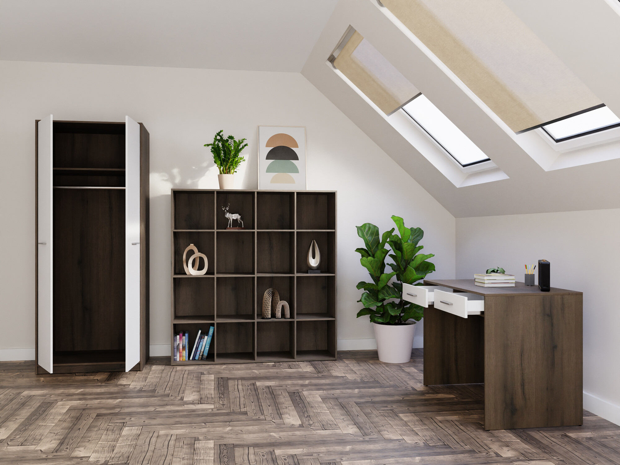 Kotitoimistosetti Novsore 166 (Tumma tammi + Valkoinen)