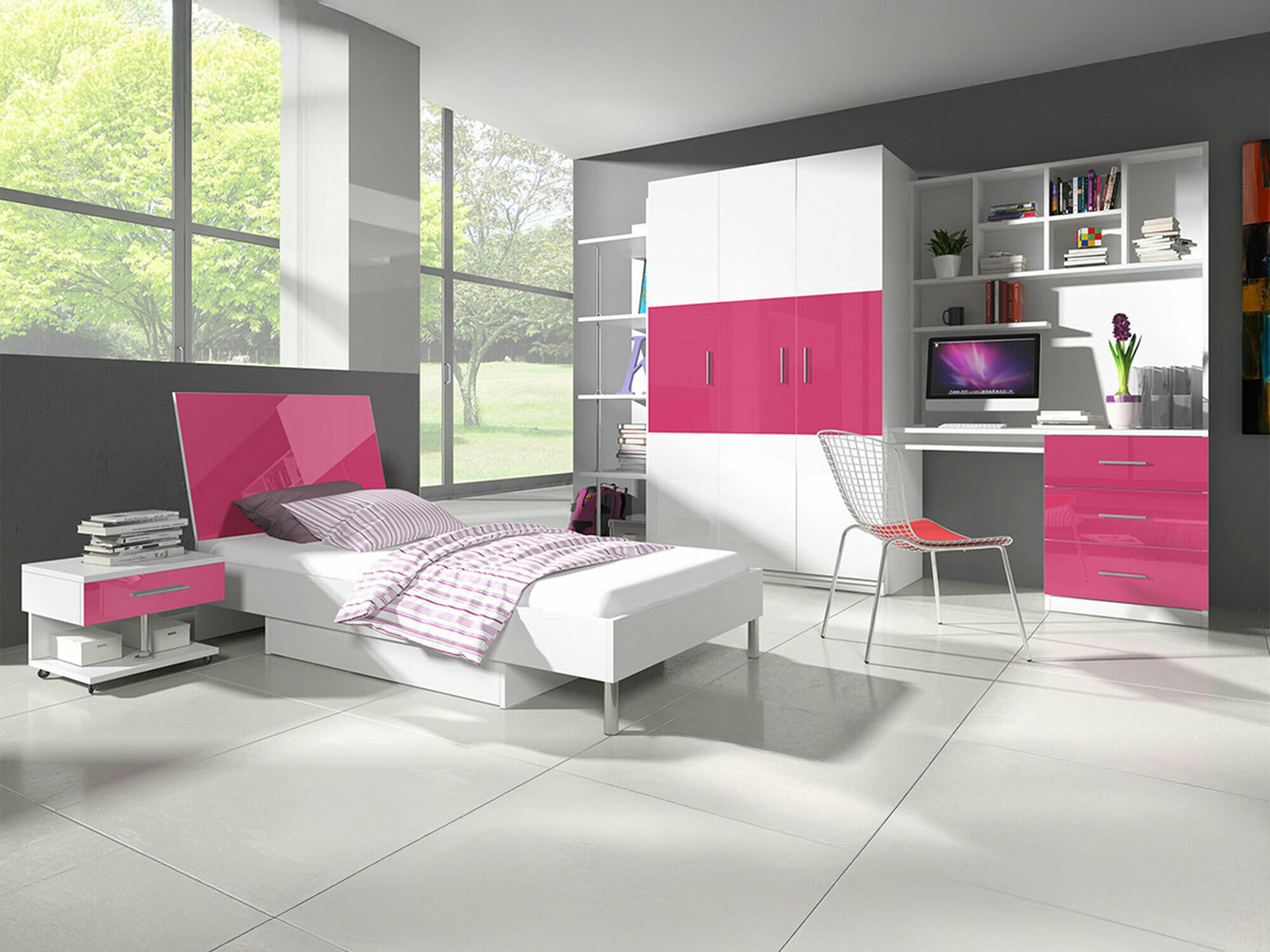 Lastenhuonesetti Salmere 110 (Kiiltävä valkoinen + Kiiltävä pinkki)