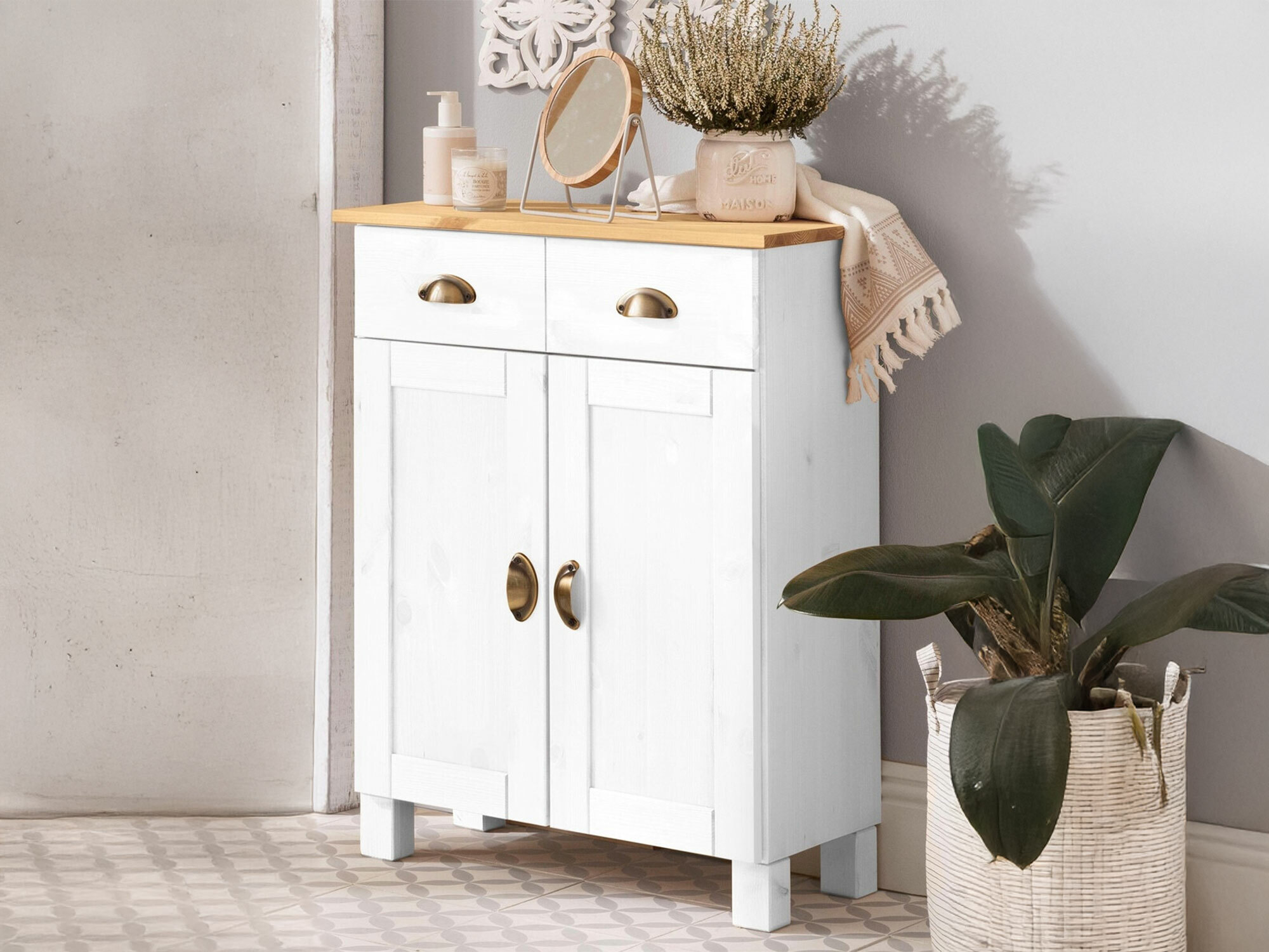 Pystymallinen kylpyhuonekaappi Serelbu 104 (Valkoinen + Vaaleanruskea)