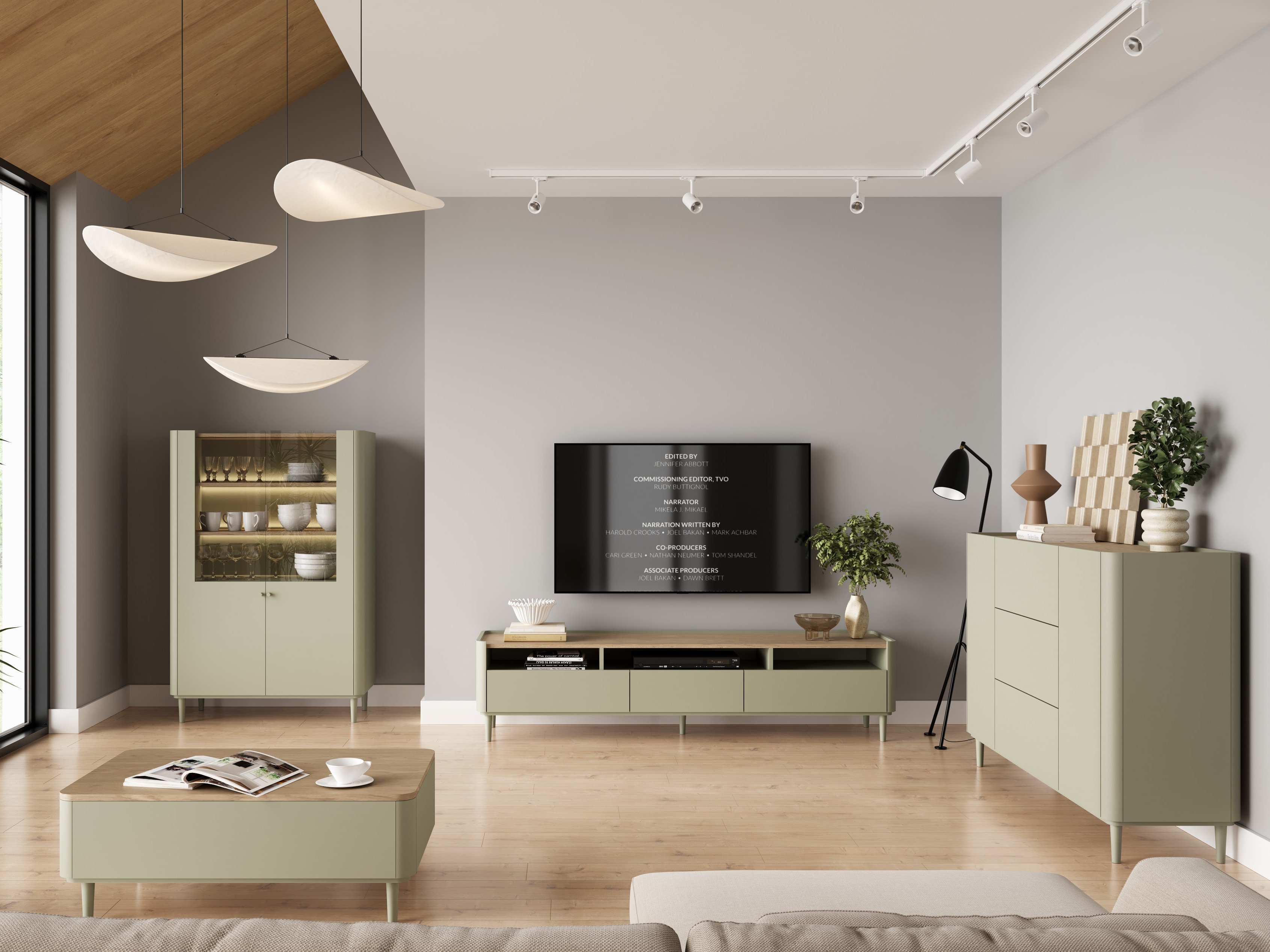 Olohuonesetti Elbmira 109 (Pölyinen vihreä + Tammi)