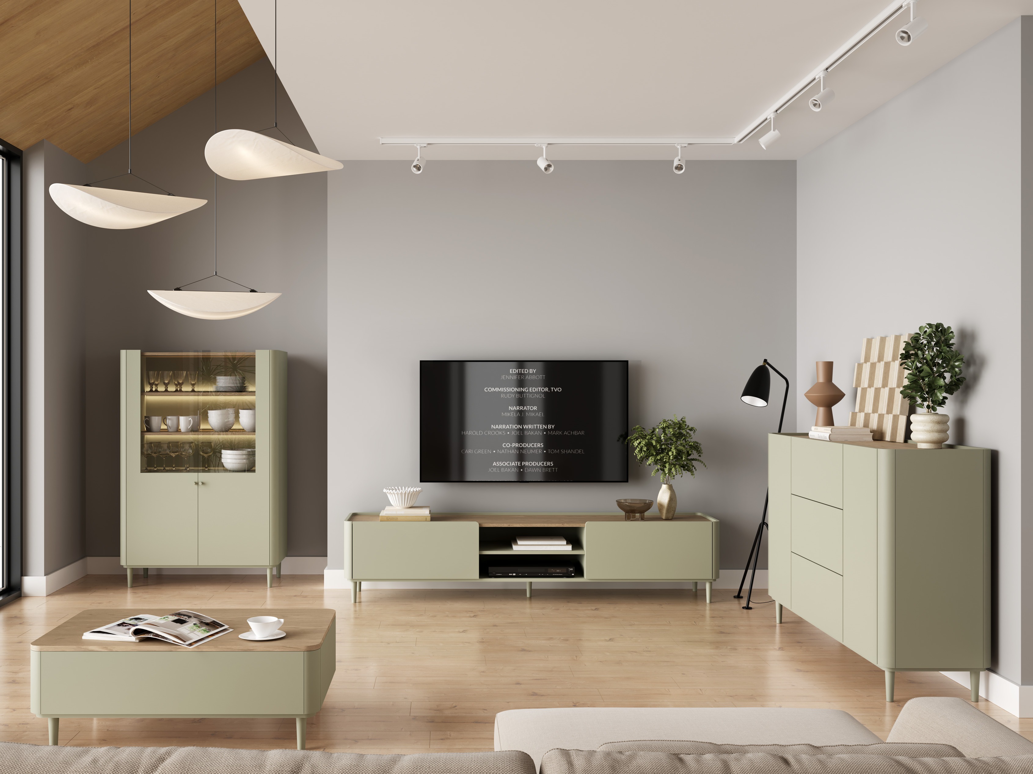 Olohuonesetti Elbmira 110 (Pölyinen vihreä + Tammi)