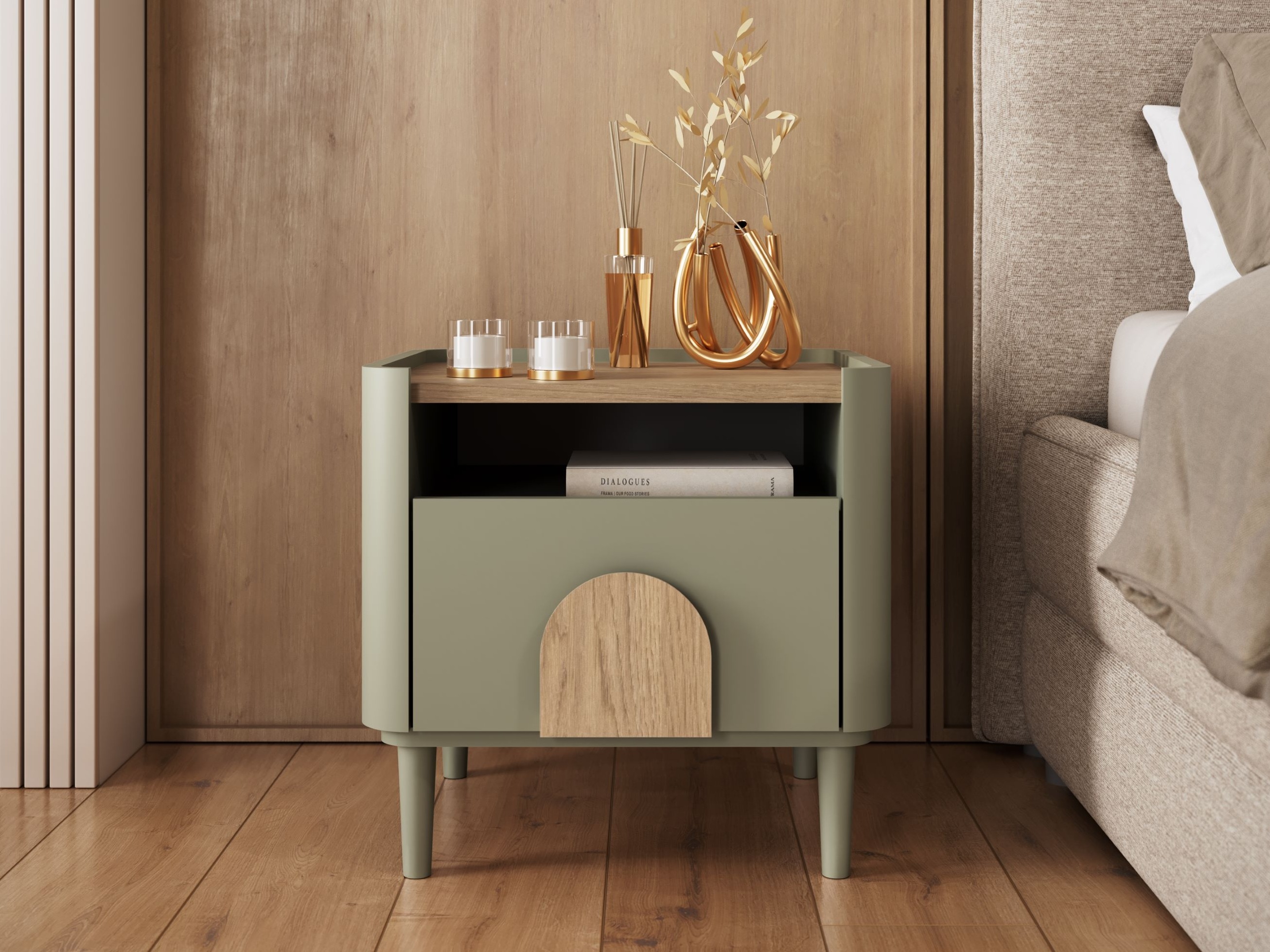 Yöpöytä Camavio 100 (Pölyinen vihreä + Tammi)