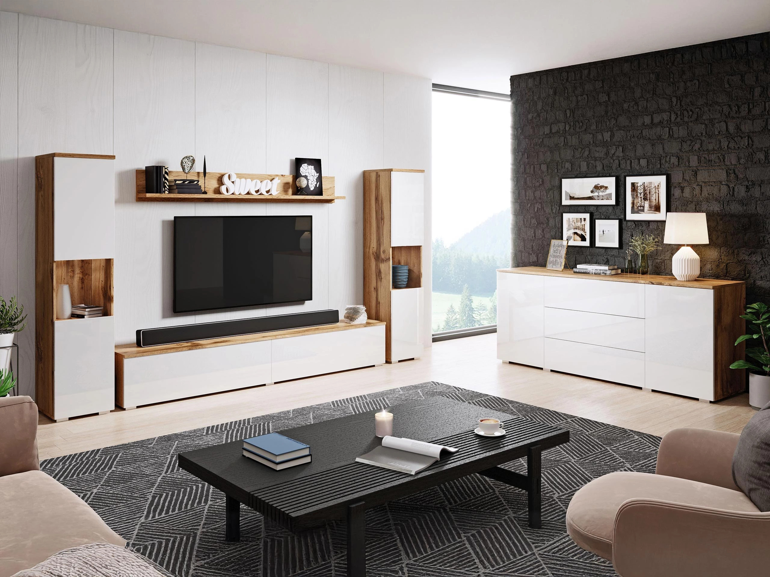 Olohuonesetti Sarasota 133 (Wotan tammi + Kiiltävä valkoinen)