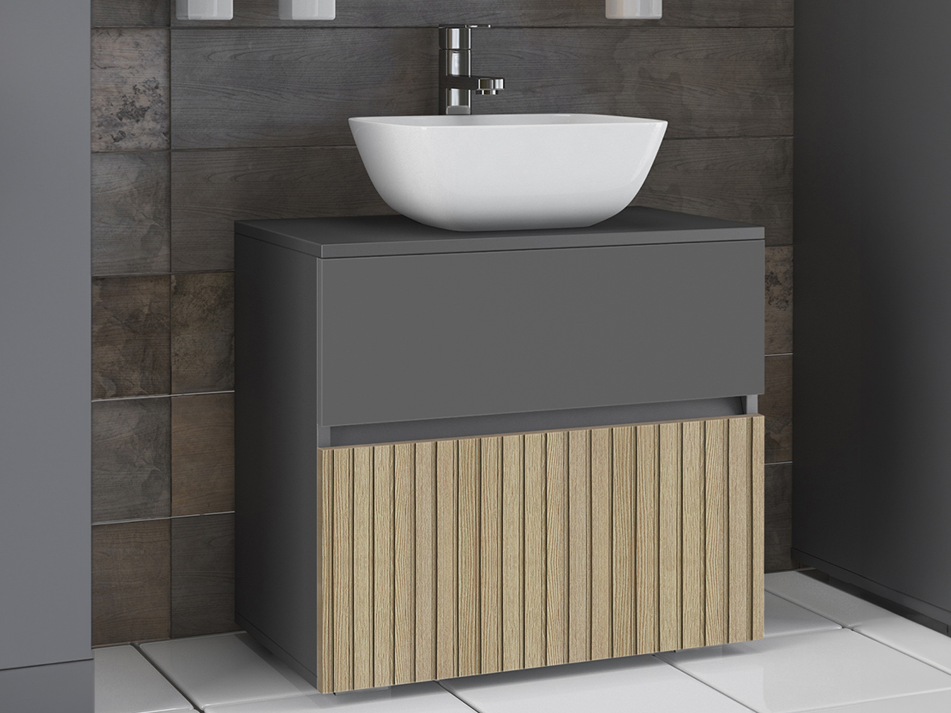 Pystymallinen kylpyhuoneen allaskaappi Soncamu 110 (Antrasiitti + Vaalea tammi)