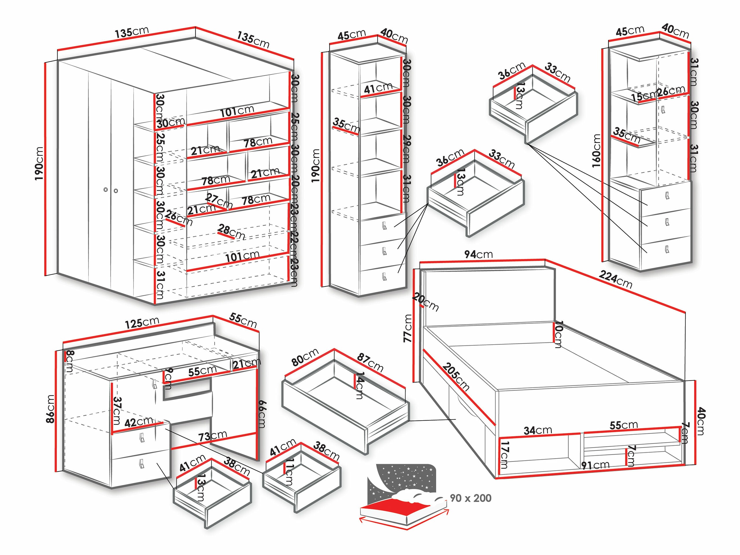 Lastenhuonesetti Camteso 115 (Valkoinen + Tammi + Turkoosi)