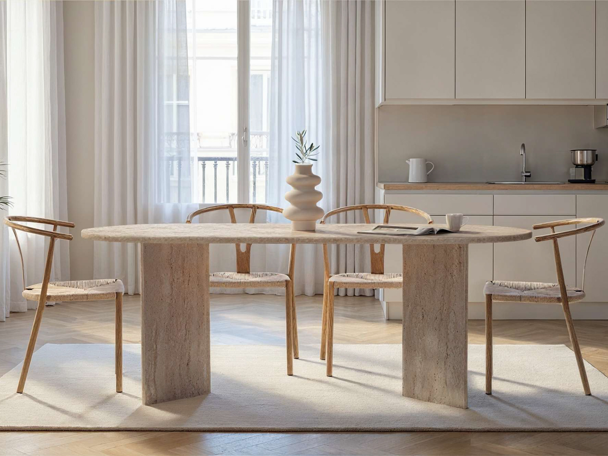 Pöytä Novato 138 (Kevyt travertiini)