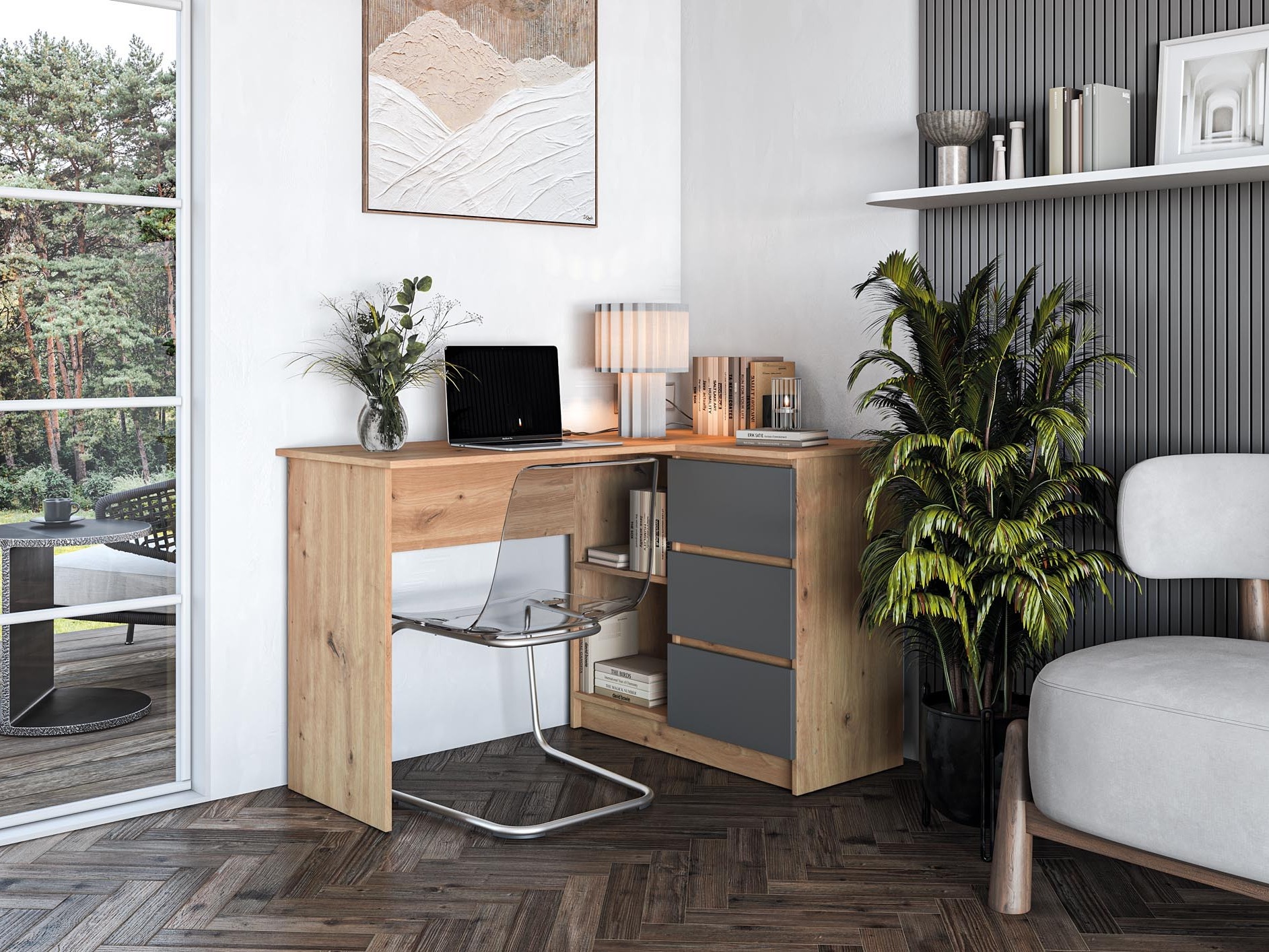 Kulmapöytä Houston 1950 (Grafiitti + Artisaanitammi)