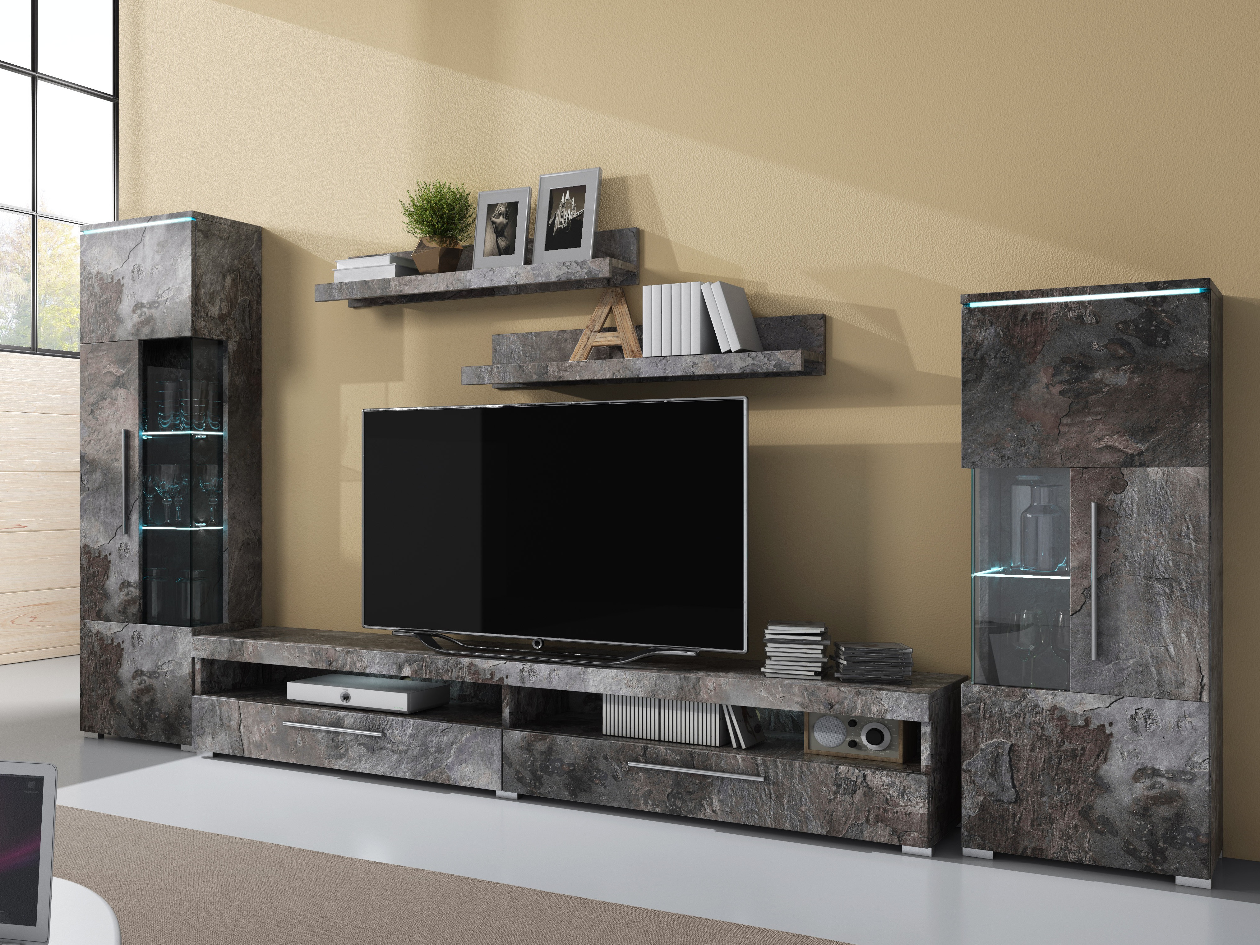 Seinäkiinnitteinen hyllysetti Torvire 105 (Tumma betoni)