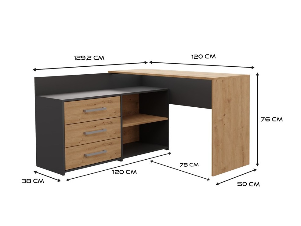 Kulmapöytä Mandeville 131 (Antrasiitti + Artisaanitammi)